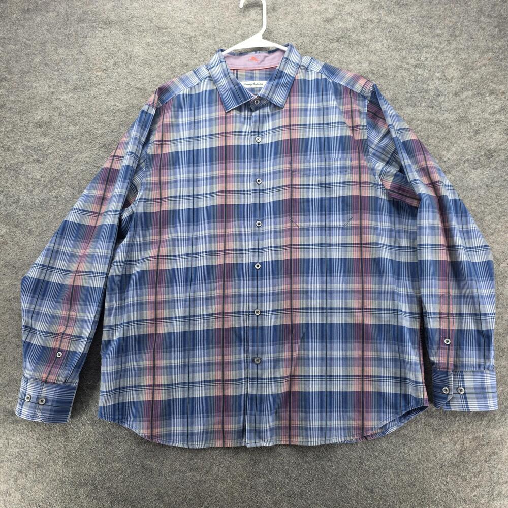 Tommy Bahama Shirt Mens XL Blue Red Plaid Silk Cotton Blend Long Sleeve Button